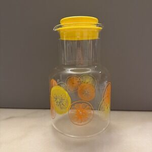 Vintage Glass Pyrex 1.5 Qt/1.5 Lt Juice Carafe Pitcher Lemons Oranges With Lid